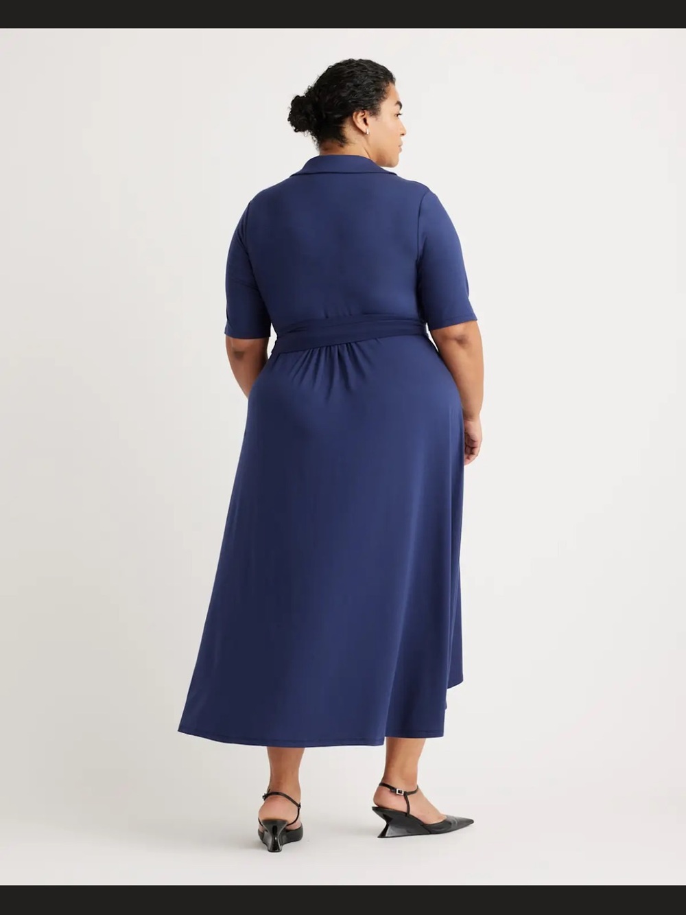 Quince Deep Navy Wrap High-Low Midi Dress with Tie Waist - Picture 4 of 7